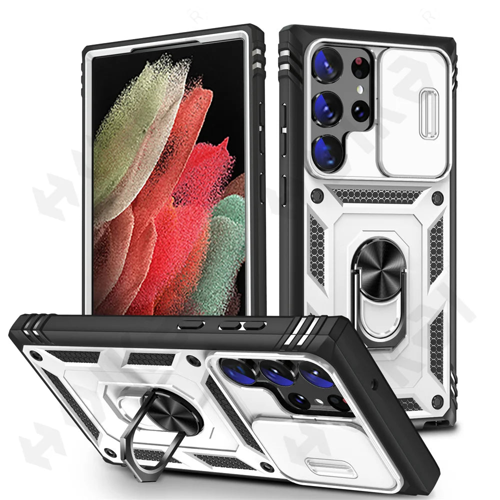Funda para Samsung Galaxy S23, S22, S21, Ultra FE Plus, A53, A52, A13, A14, 5G - Diseño de Cámara Deslizante, Ranura para Tarjetas y Anillo de Soporte Giratorio - La zona Apple