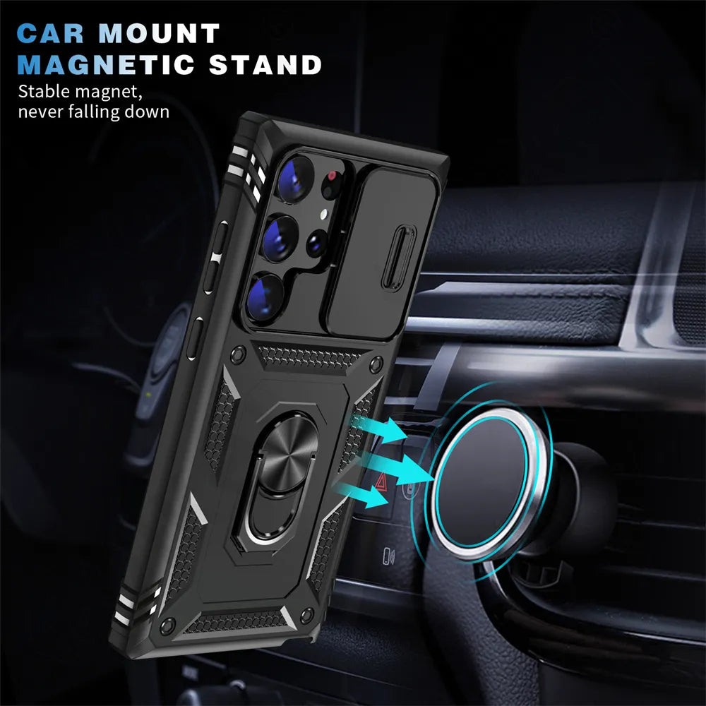 Funda para Samsung Galaxy S23, S22, S21, Ultra FE Plus, A53, A52, A13, A14, 5G - Diseño de Cámara Deslizante, Ranura para Tarjetas y Anillo de Soporte Giratorio - La zona Apple