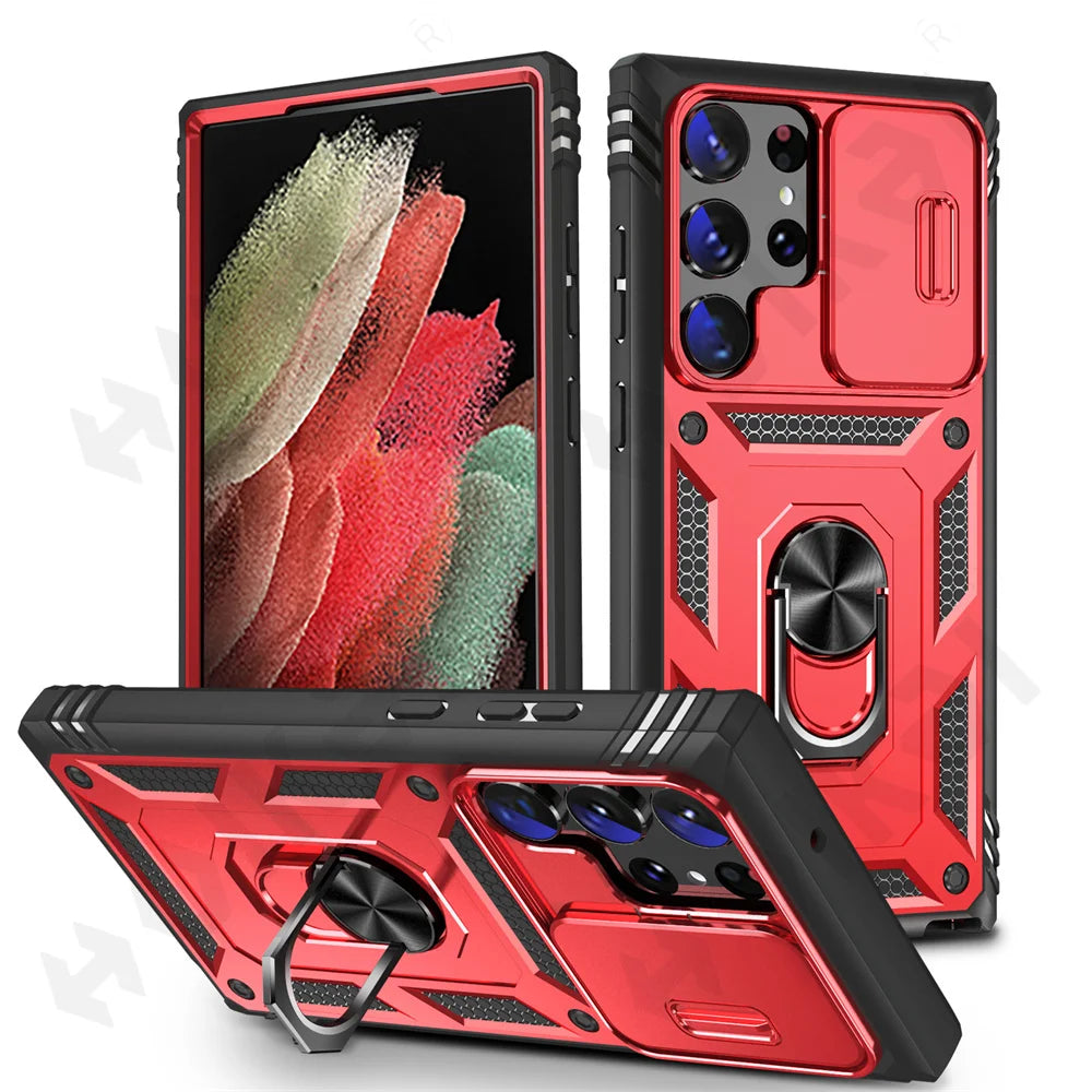 Funda para Samsung Galaxy S23, S22, S21, Ultra FE Plus, A53, A52, A13, A14, 5G - Diseño de Cámara Deslizante, Ranura para Tarjetas y Anillo de Soporte Giratorio - La zona Apple
