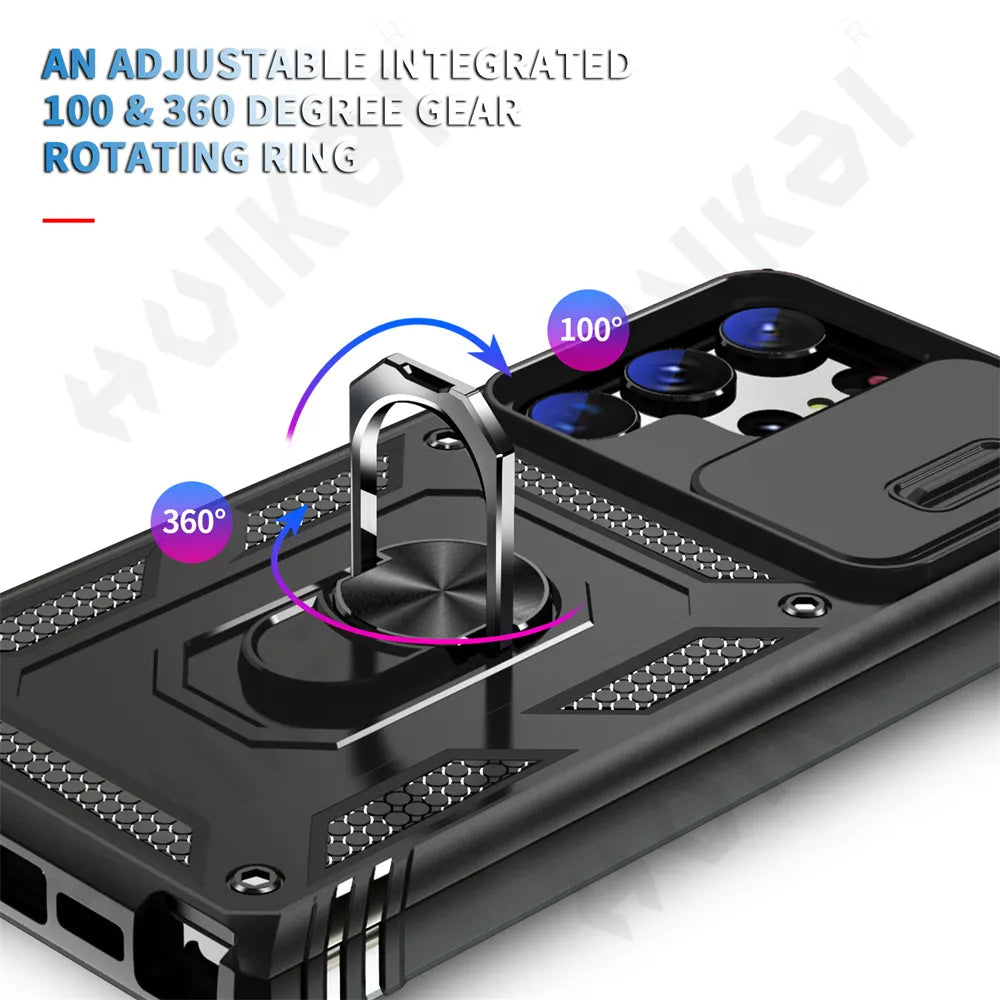 Funda para Samsung Galaxy S23, S22, S21, Ultra FE Plus, A53, A52, A13, A14, 5G - Diseño de Cámara Deslizante, Ranura para Tarjetas y Anillo de Soporte Giratorio - La zona Apple