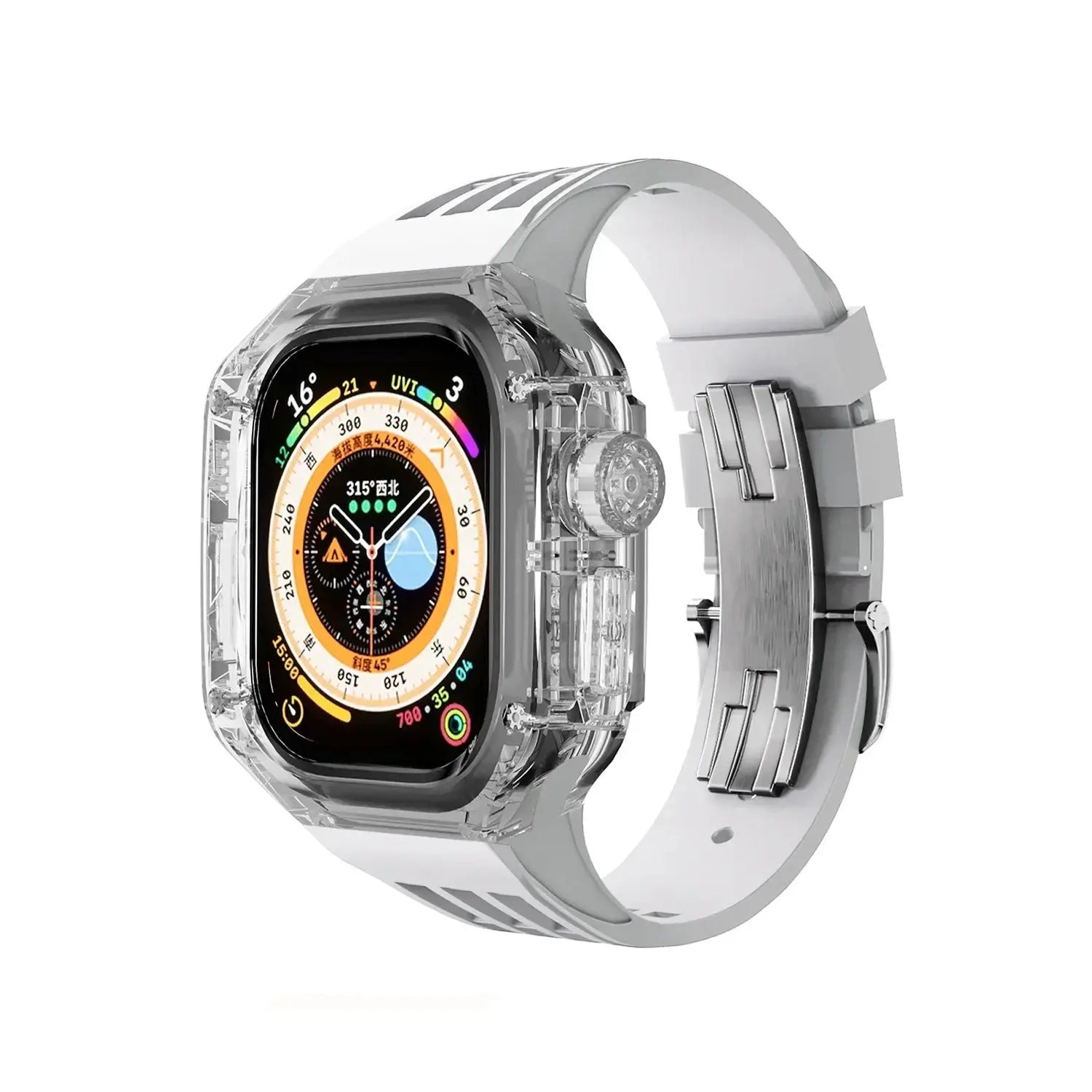 Funda transparente de lujo para Apple Watch, correa de hebilla de acero inoxidable de 49mm, 45mm y 44mm para iWatch 9, 8, 7, 6, 5, 4, modificación DIY - La zona Apple