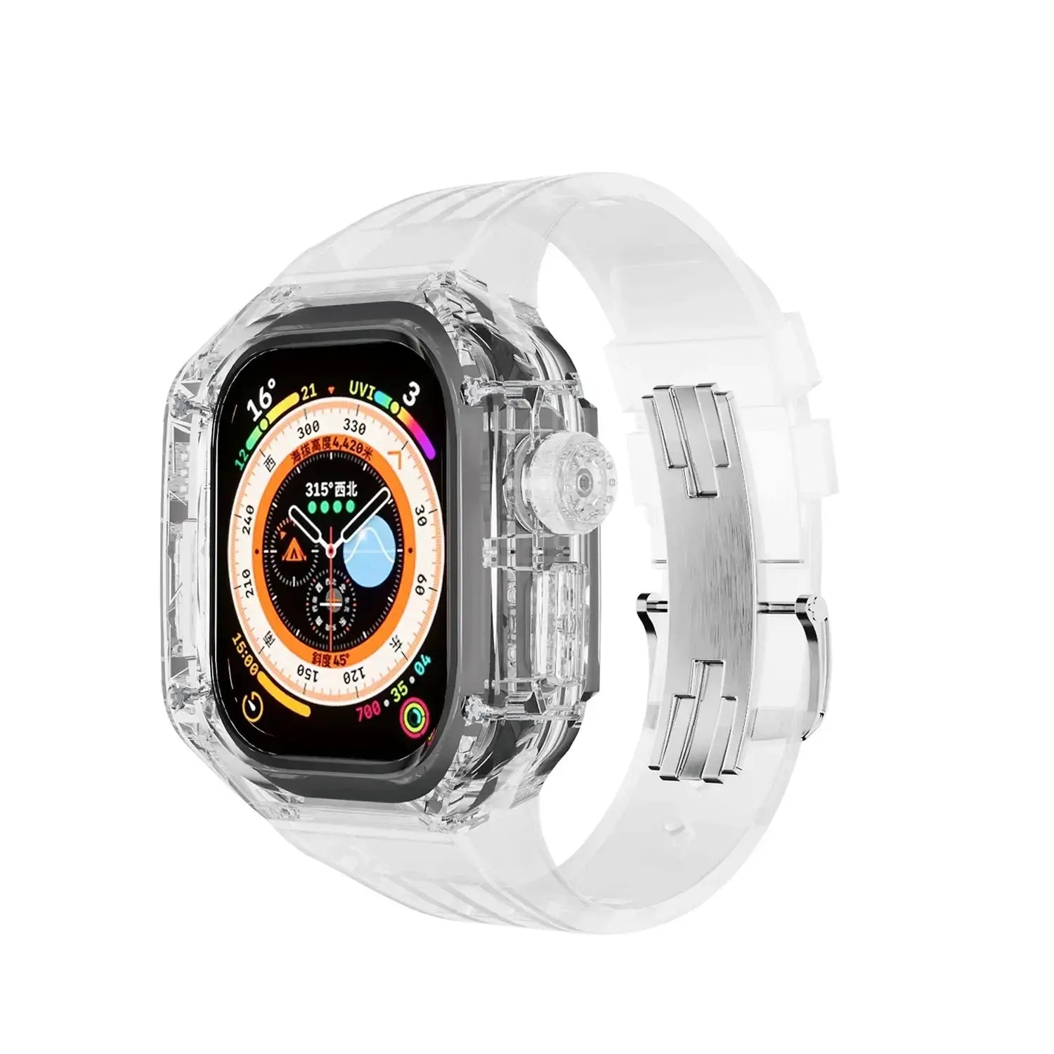 Funda transparente de lujo para Apple Watch, correa de hebilla de acero inoxidable de 49mm, 45mm y 44mm para iWatch 9, 8, 7, 6, 5, 4, modificación DIY - La zona Apple