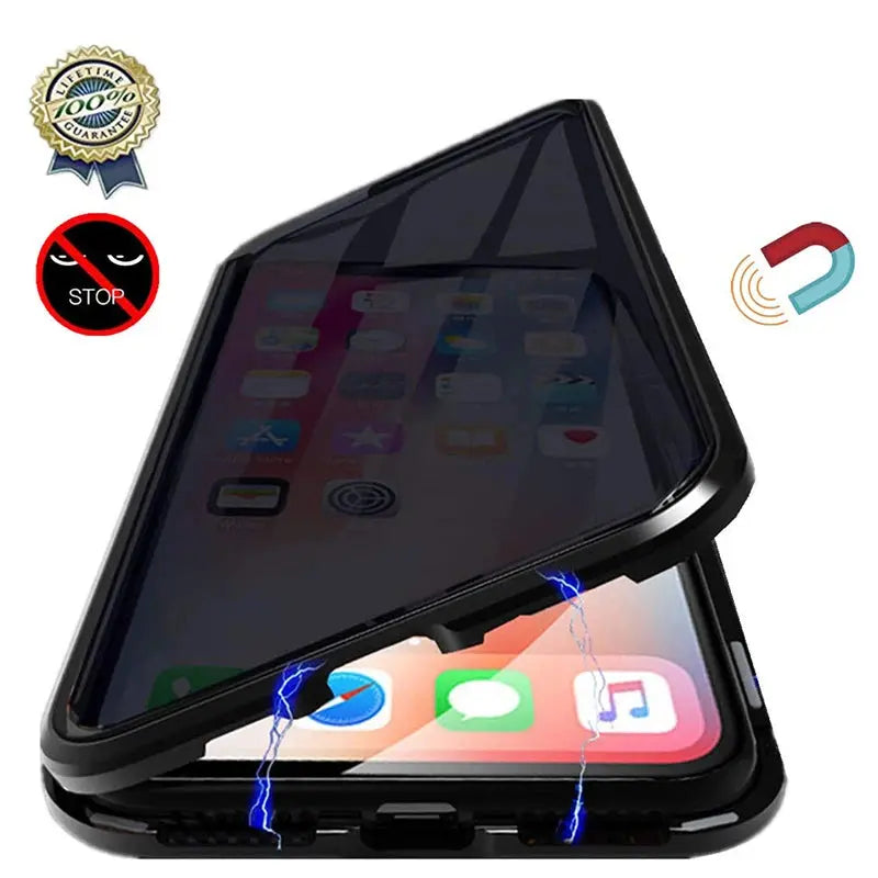 Fundas de vidrio templado magnético antimirones para iPhone, 15, 14, 11, 12, 13 Pro, X, XS MAX, cubierta de parachoques de Metal de privacidad, SE 2022 - La zona Apple