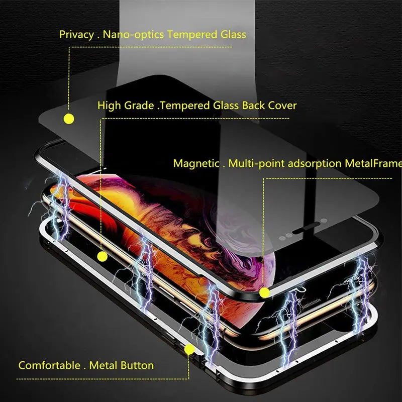 Fundas de vidrio templado magnético antimirones para iPhone, 15, 14, 11, 12, 13 Pro, X, XS MAX, cubierta de parachoques de Metal de privacidad, SE 2022 - La zona Apple