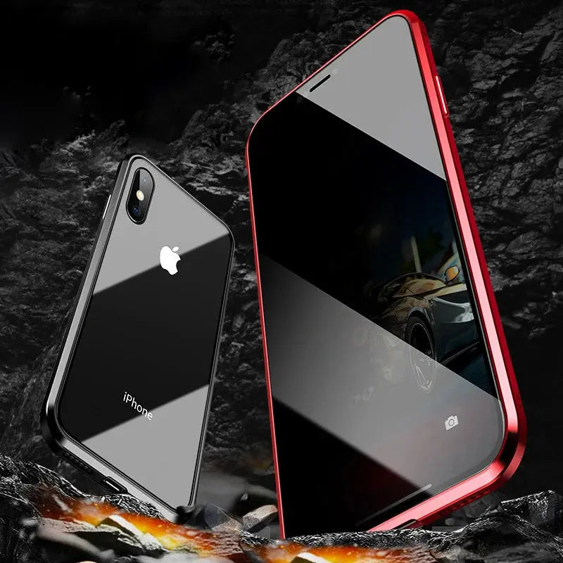 Fundas de vidrio templado magnético antimirones para iPhone, 15, 14, 11, 12, 13 Pro, X, XS MAX, cubierta de parachoques de Metal de privacidad, SE 2022 - La zona Apple