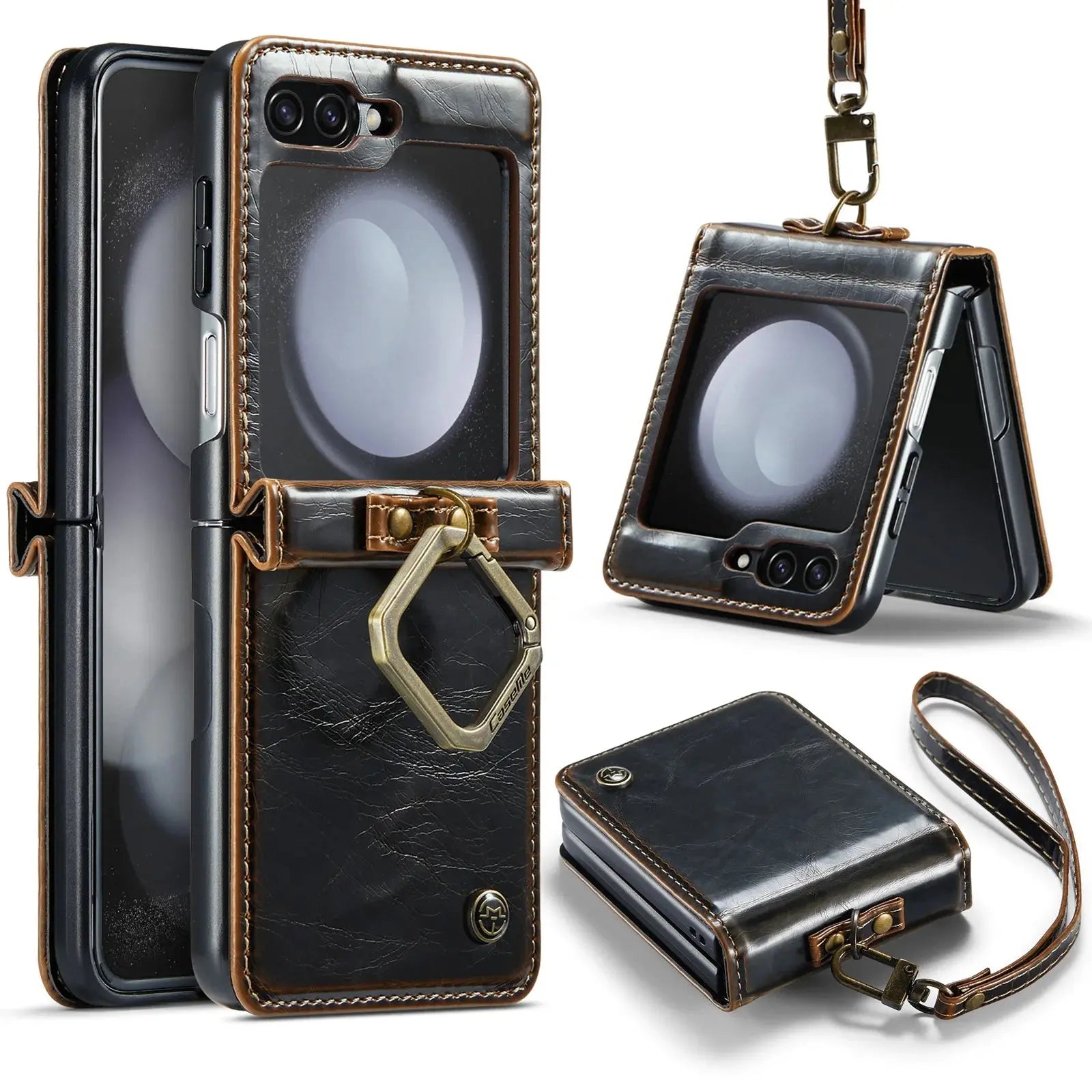 HCOE-Funda de cuero Retro para Samsung Galaxy Z Flip 5 4 3, funda con soporte de anillo con correa para Galaxy Z Flip5 Flip4 Flip3 5G - La zona Apple