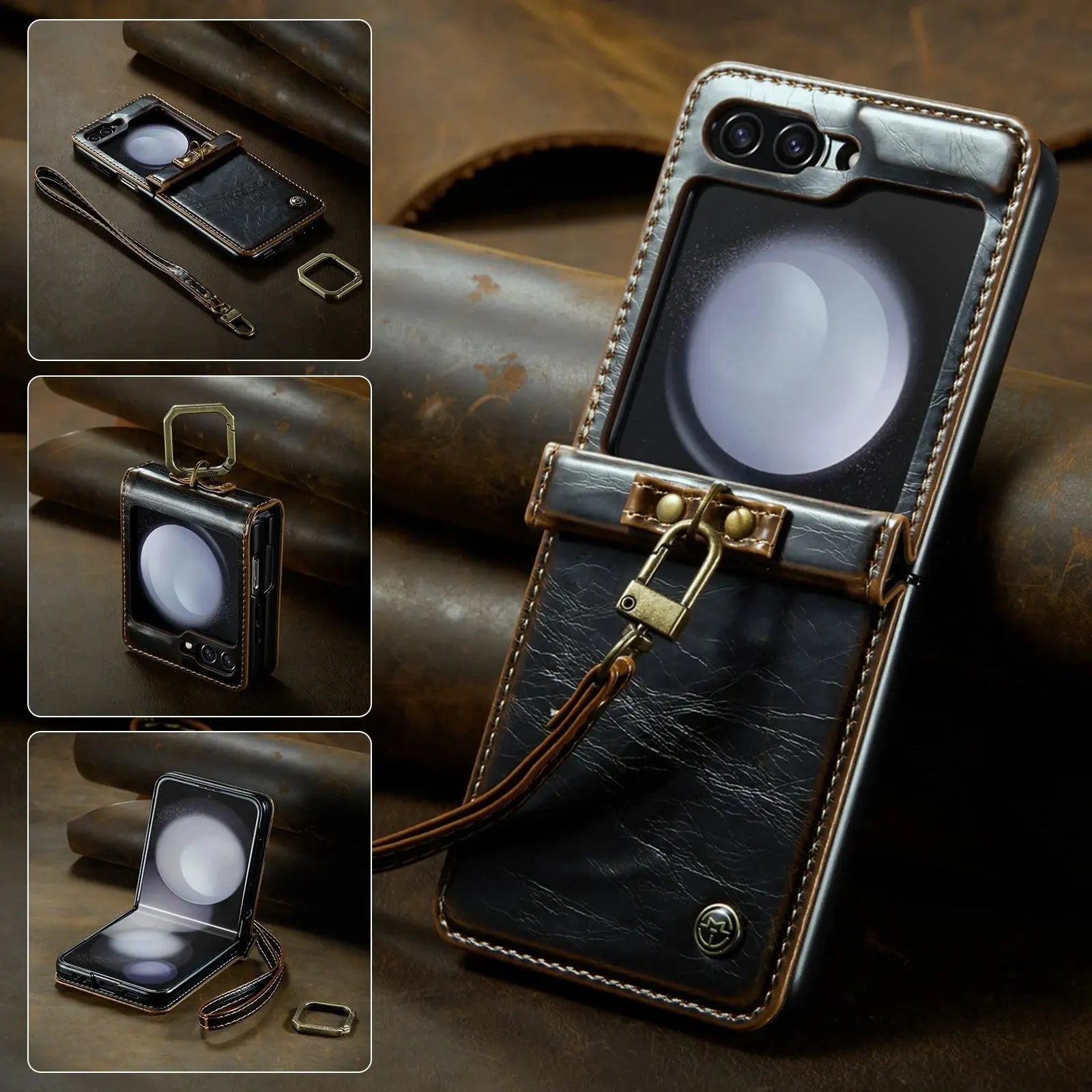 HCOE-Funda de cuero Retro para Samsung Galaxy Z Flip 5 4 3, funda con soporte de anillo con correa para Galaxy Z Flip5 Flip4 Flip3 5G - La zona Apple