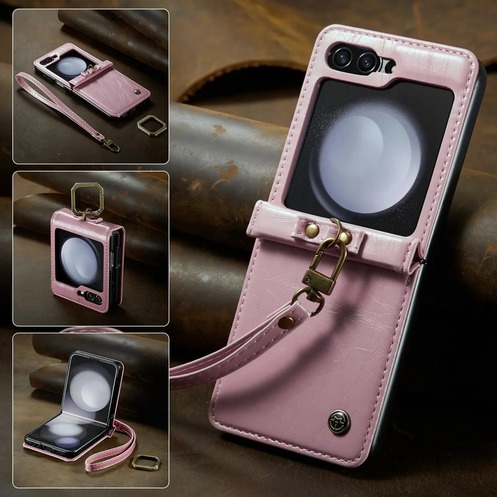 HCOE-Funda de cuero Retro para Samsung Galaxy Z Flip 5 4 3, funda con soporte de anillo con correa para Galaxy Z Flip5 Flip4 Flip3 5G - La zona Apple