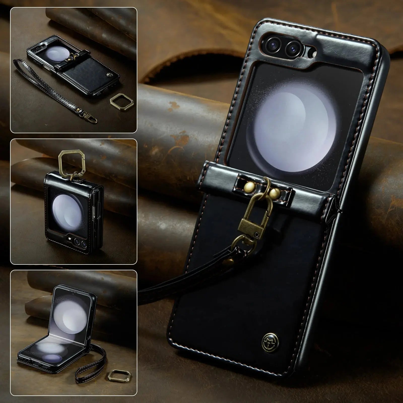 HCOE-Funda de cuero Retro para Samsung Galaxy Z Flip 5 4 3, funda con soporte de anillo con correa para Galaxy Z Flip5 Flip4 Flip3 5G - La zona Apple