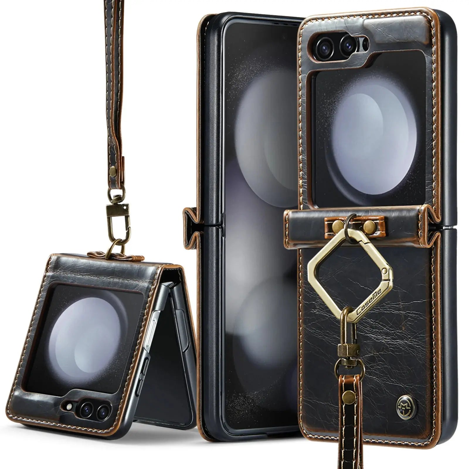 HCOE-Funda de cuero Retro para Samsung Galaxy Z Flip 5 4 3, funda con soporte de anillo con correa para Galaxy Z Flip5 Flip4 Flip3 5G - La zona Apple