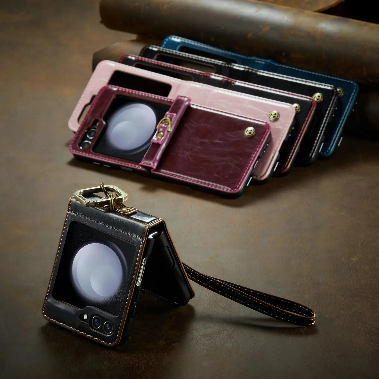 HCOE-Funda de cuero Retro para Samsung Galaxy Z Flip 5 4 3, funda con soporte de anillo con correa para Galaxy Z Flip5 Flip4 Flip3 5G - La zona Apple
