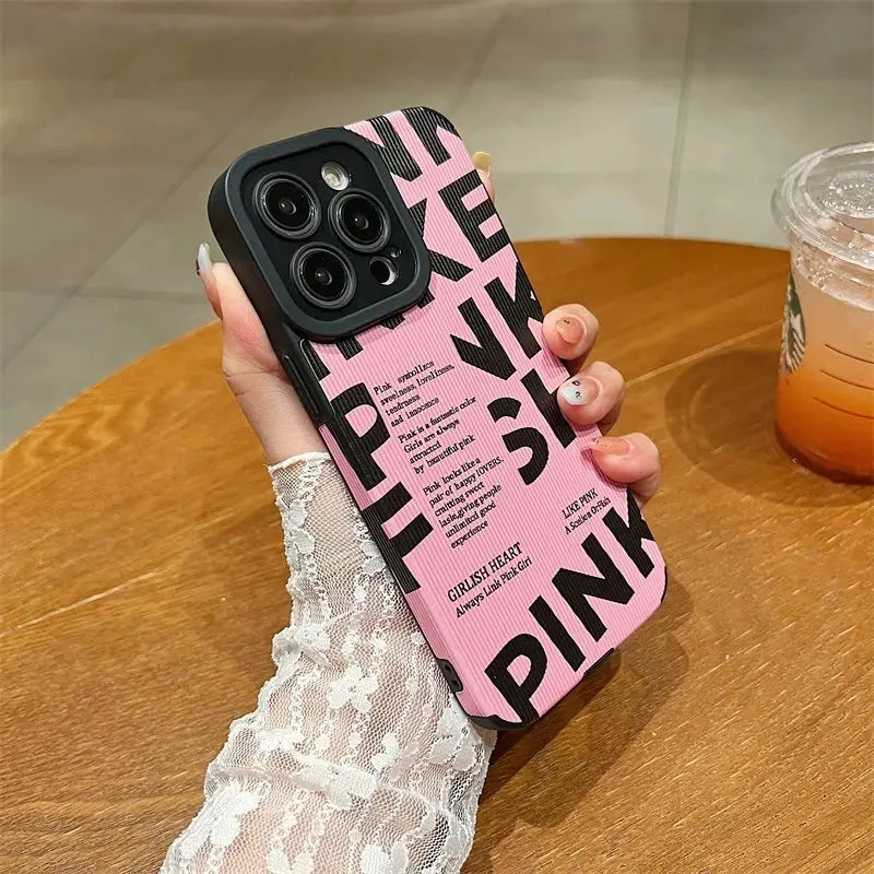 Funda de Cuero PU con Letras Ins para iPhone - Color Rosa - Modelos Compatibles: 15, 12, 11, 14, 13 Pro Max, SE, 7, 8 Plus, XS Max, X, XR - La zona Apple