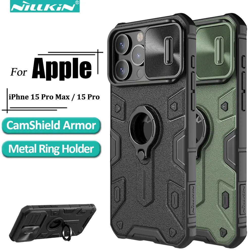 Funda ARMOR Nillkin para iPhone 15 Pro Max / 15 Pro, con soporte integrado y cubierta de cámara deslizante - La zona Apple