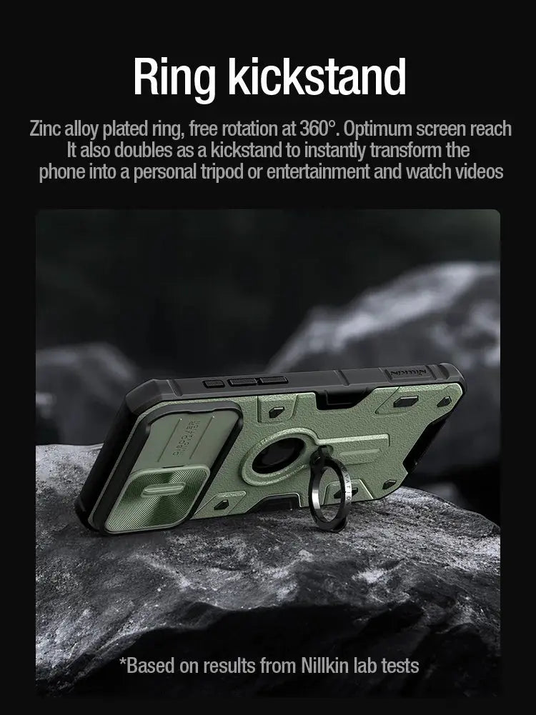 Funda ARMOR Nillkin para iPhone 15 Pro Max / 15 Pro, con soporte integrado y cubierta de cámara deslizante - La zona Apple