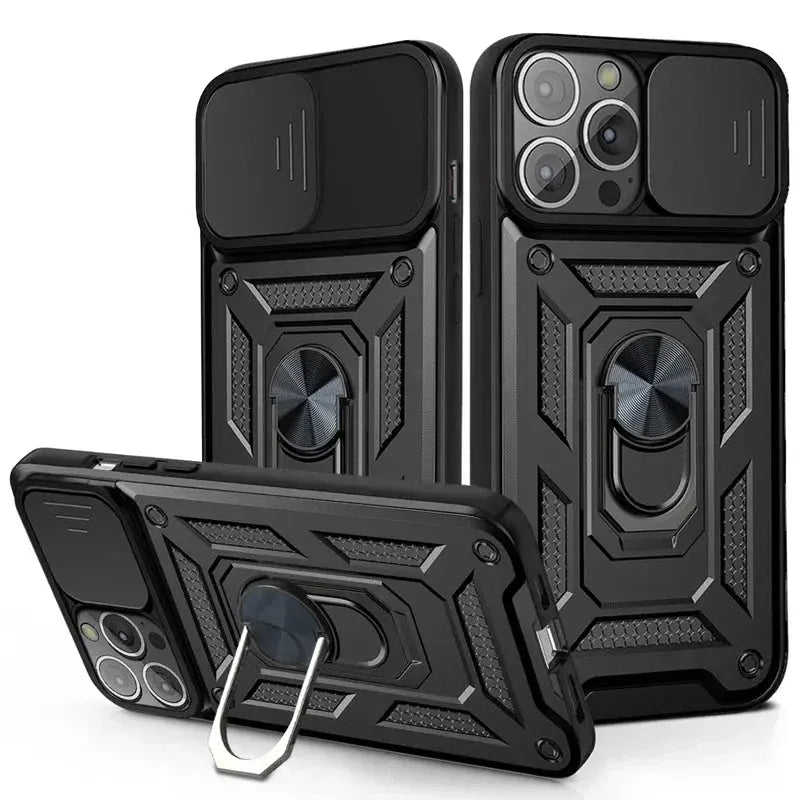 Protector de lente de cámara deslizante, funda de armadura para iPhone 15, 13, 14, 11, 12 Pro Max, Mini, XS, XR, X, 7, 8 Plus, parachoques de grado militar, cubierta de anillo - La zona Apple