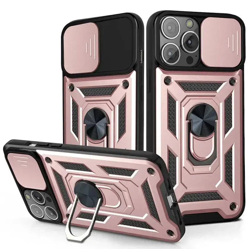 Protector de lente de cámara deslizante, funda de armadura para iPhone 15, 13, 14, 11, 12 Pro Max, Mini, XS, XR, X, 7, 8 Plus, parachoques de grado militar, cubierta de anillo - La zona Apple