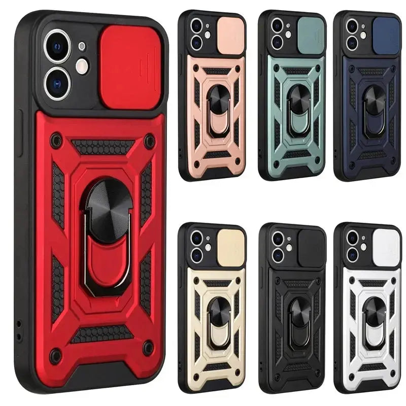 Protector de lente de cámara deslizante, funda de armadura para iPhone 15, 13, 14, 11, 12 Pro Max, Mini, XS, XR, X, 7, 8 Plus, parachoques de grado militar, cubierta de anillo - La zona Apple