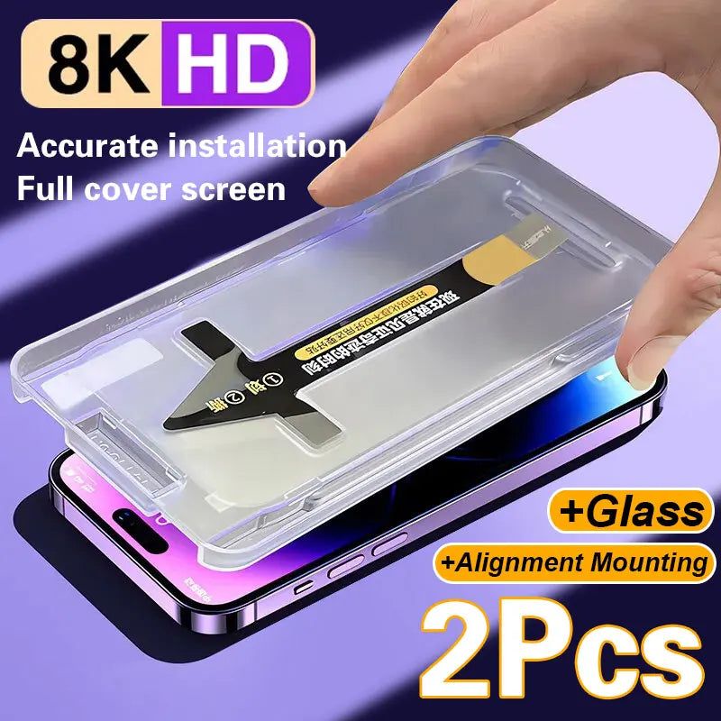 Protector de pantalla de vidrio templado con cubierta de montaje de alineación, 8K, alta gama, para iPhone 15, 14, 13, 12, 11 Pro Max, XS, X, XR, 2 unidades - La zona Apple