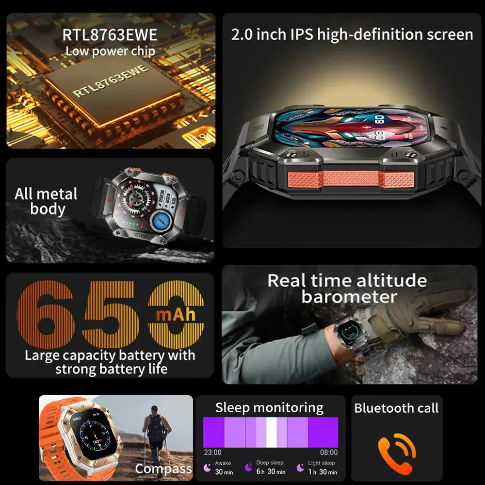 Reloj inteligente militar para hombre, pulsera con rastreador de brújula, resistente al agua, batería de 650 mAh, Bluetooth - La zona Apple