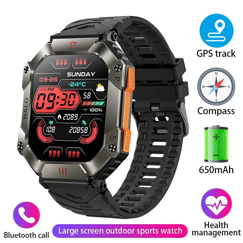 Reloj inteligente militar para hombre, pulsera con rastreador de brújula, resistente al agua, batería de 650 mAh, Bluetooth - La zona Apple