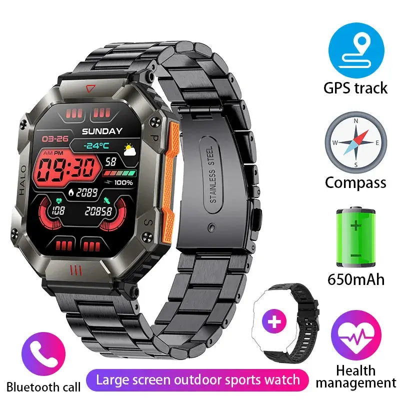 Reloj inteligente militar para hombre, pulsera con rastreador de brújula, resistente al agua, batería de 650 mAh, Bluetooth - La zona Apple