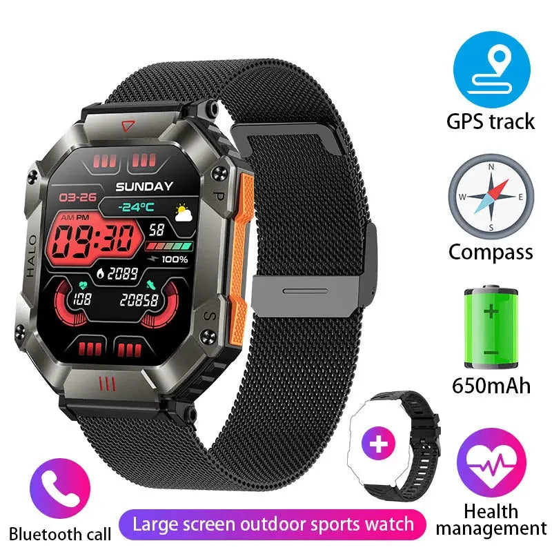 Reloj inteligente militar para hombre, pulsera con rastreador de brújula, resistente al agua, batería de 650 mAh, Bluetooth - La zona Apple