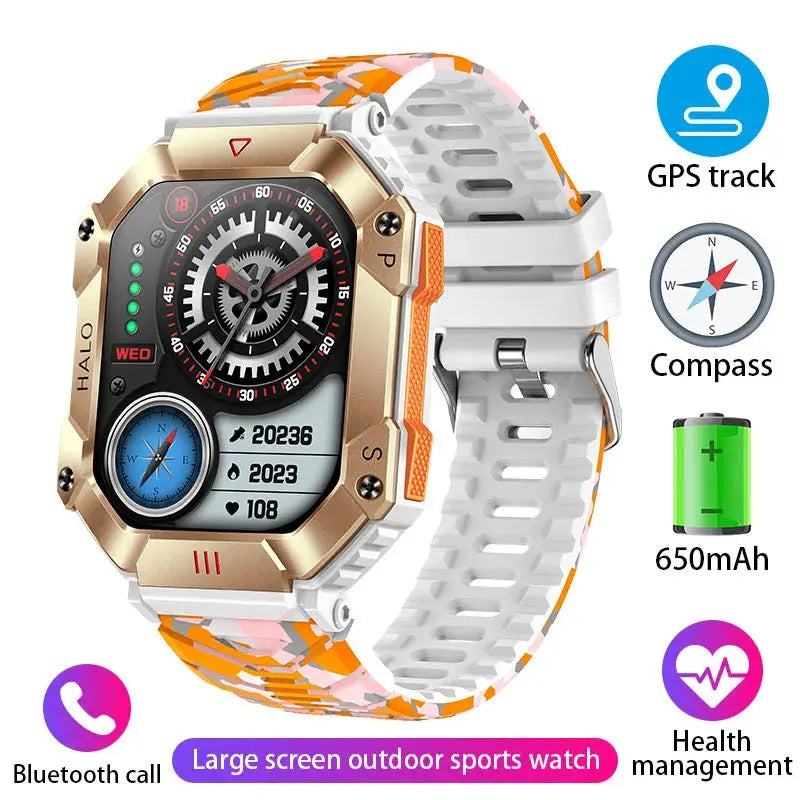 Reloj inteligente militar para hombre, pulsera con rastreador de brújula, resistente al agua, batería de 650 mAh, Bluetooth - La zona Apple
