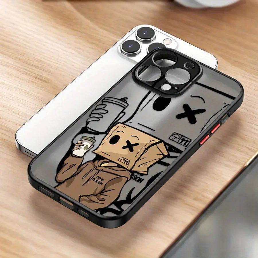 Fundas para iPhone 16 15 Pro Max 14 Plus 13 12 11 Protector Mate 11Pro 12Pro 13Pro de Alta Calidad 14Pro 15Pro 16Pro Cubierta Shockproof con Diseño de Caja de Papel de Chico que Toma Café - La zona Apple