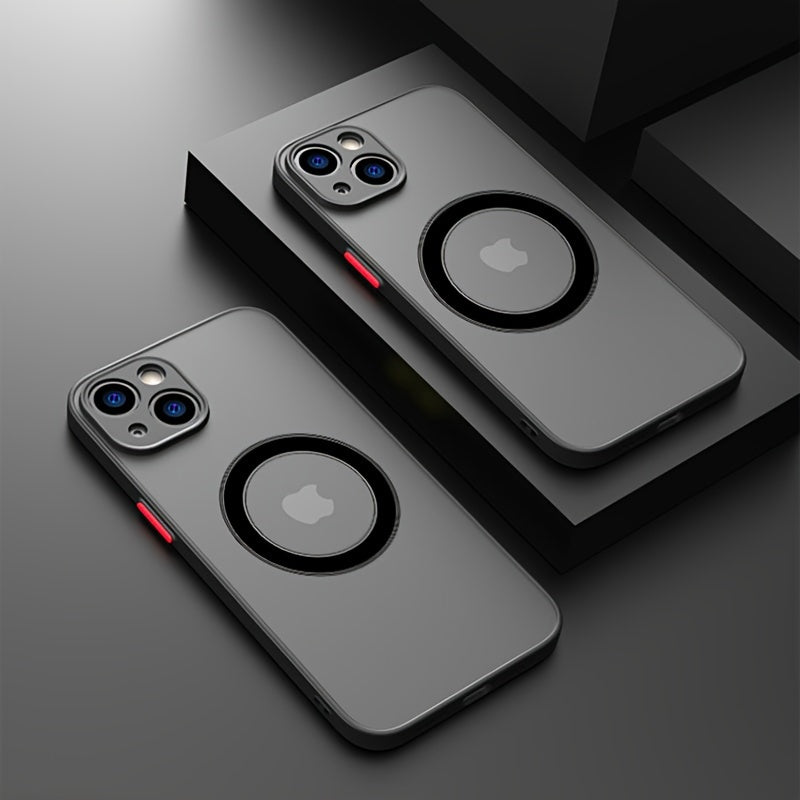 Funda de teléfono con armadura de carga inalámbrica magnética con tacto de piel mate de lujo para iPhone 11/12/13/14/15/16 Pro Max Plus Botón de contraste a prueba de golpes Protección de cámara de PC Carcasa rígida - La zona Apple