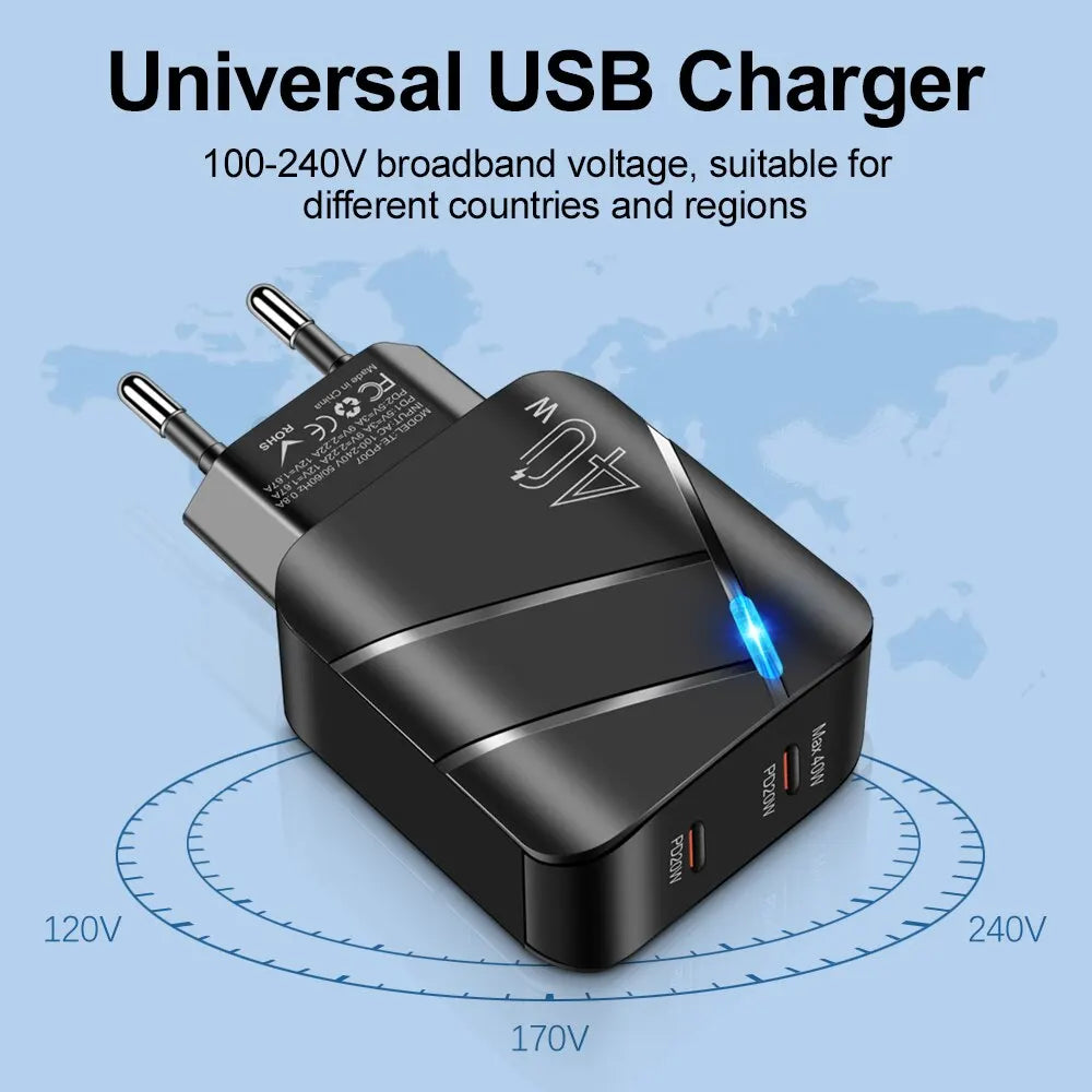 Cargador de 40w Dual PD, adaptador de carga rápida tipo C para Xiaomi 13, iPhone 14 Pro, Samsung, Huawei, USB C - La zona Apple