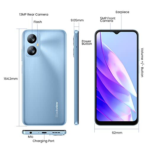 Blackview A52 Android 12 Teléfono Móvil, Pantalla HD+ 6.5'', Octa Core 2GB 32GB (512GB SD Externa), 13MP + 5MP, Dual SIM 4G Smartphone, 5180mAh Batería, Desbloqueo Facial&Huella Digital GPS Azul - La zona Apple
