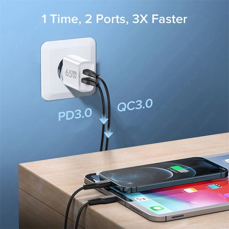 Cargador USB PD de 65W y 2 puertos, adaptador de viaje tipo C de carga rápida, USB QC 3,0 para iPhone, Xiaomi 13 Pro, Samsung, Huawei, - La zona Apple