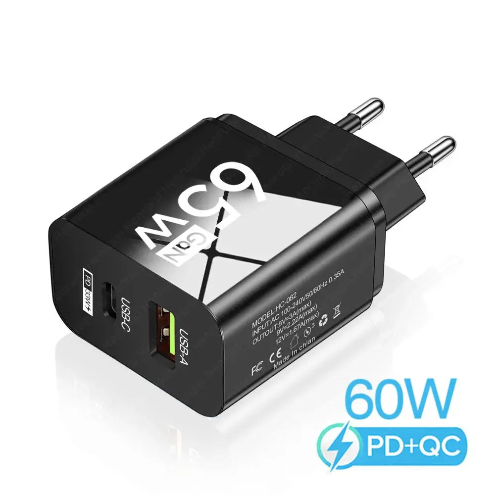 Cargador USB PD de 65W y 2 puertos, adaptador de viaje tipo C de carga rápida, USB QC 3,0 para iPhone, Xiaomi 13 Pro, Samsung, Huawei, - La zona Apple