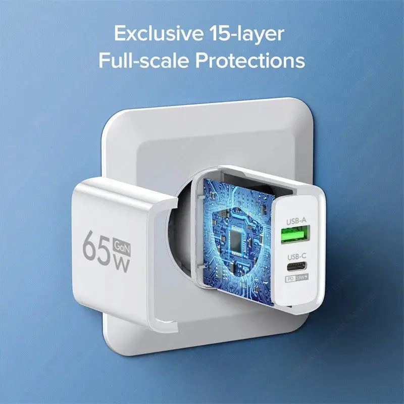Cargador USB PD de 65W y 2 puertos, adaptador de viaje tipo C de carga rápida, USB QC 3,0 para iPhone, Xiaomi 13 Pro, Samsung, Huawei, - La zona Apple