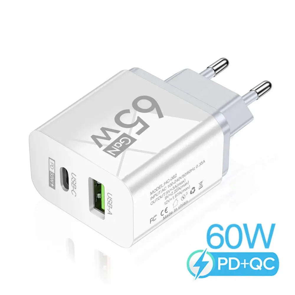 Cargador USB PD de 65W y 2 puertos, adaptador de viaje tipo C de carga rápida, USB QC 3,0 para iPhone, Xiaomi 13 Pro, Samsung, Huawei, - La zona Apple