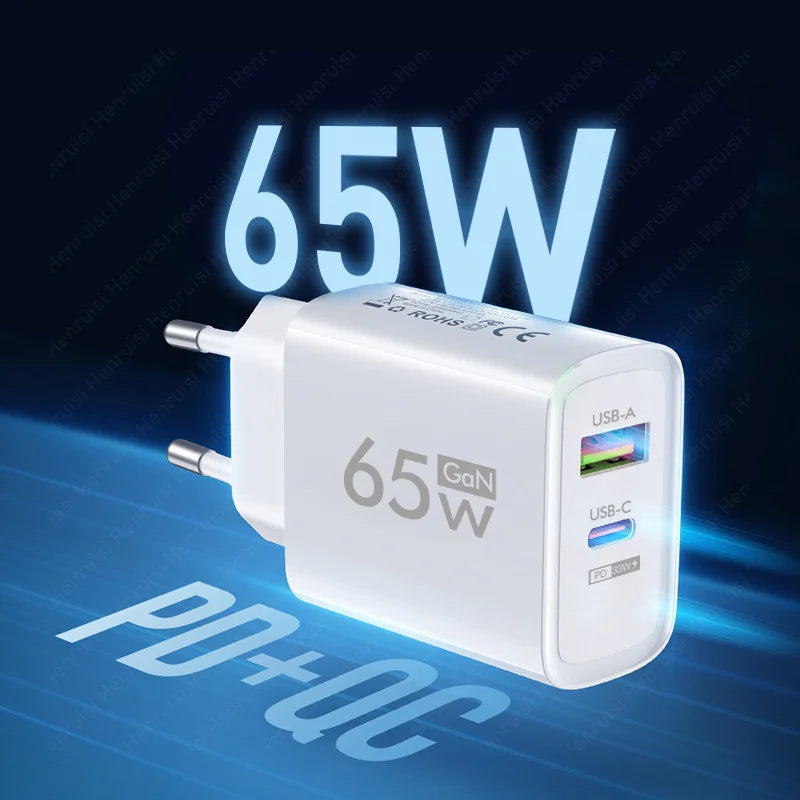 Cargador USB PD de 65W y 2 puertos, adaptador de viaje tipo C de carga rápida, USB QC 3,0 para iPhone, Xiaomi 13 Pro, Samsung, Huawei, - La zona Apple