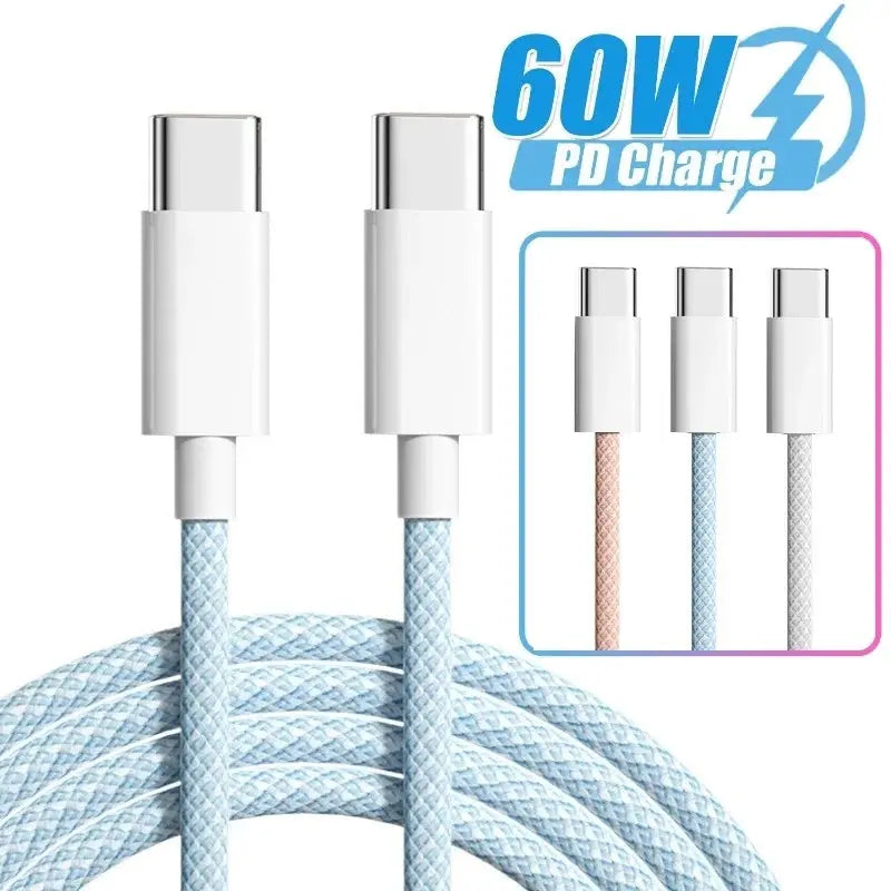 Cable Dual tipo C de carga rápida, Cable de nailon trenzado, USB C, 60W, para iPhone 15 Pro Max Plus, Xiaomi Poco, Samsung - La zona Apple
