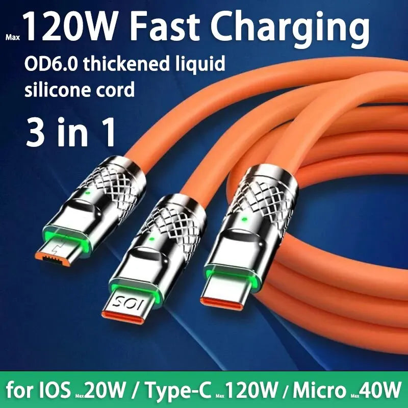 Cable Micro USB tipo C de carga rápida 3 en 1, 120W, 6A, para iPhone, Samsung, Huawei, Xiaomi - La zona Apple