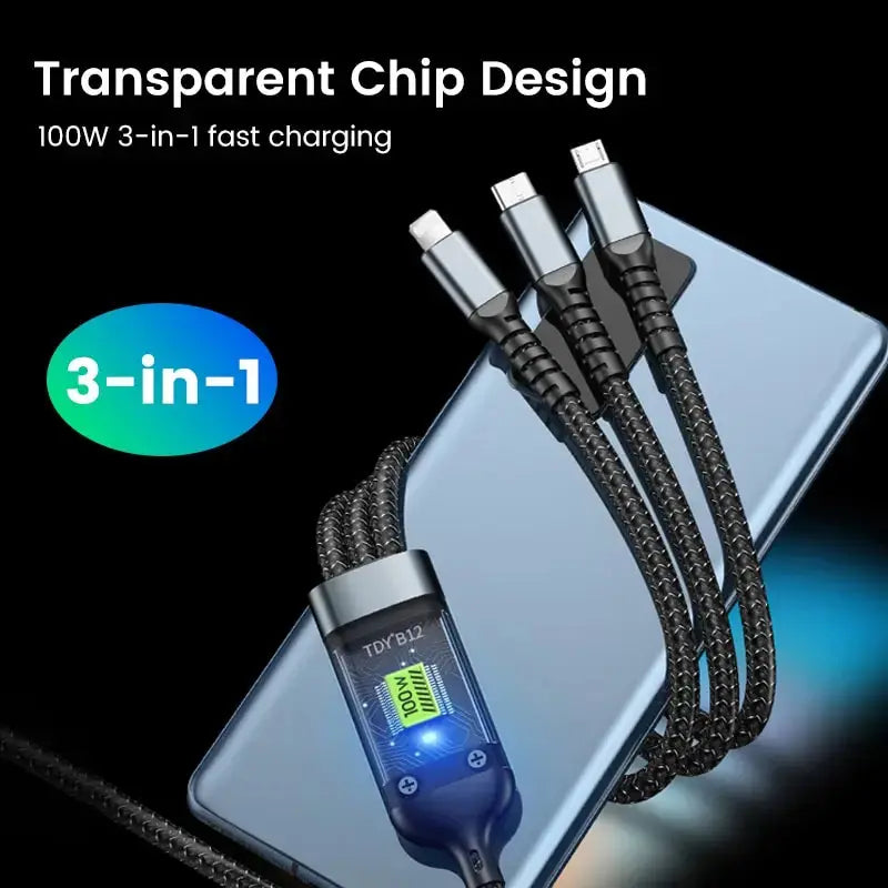 Cable de carga rápida transparente 3 en 1, 100w, tipo C, Usb Micro para Iphone, Samsung, Huawei, Xiaomi, cargador de lámpara piloto, Usb C 6A - La zona Apple