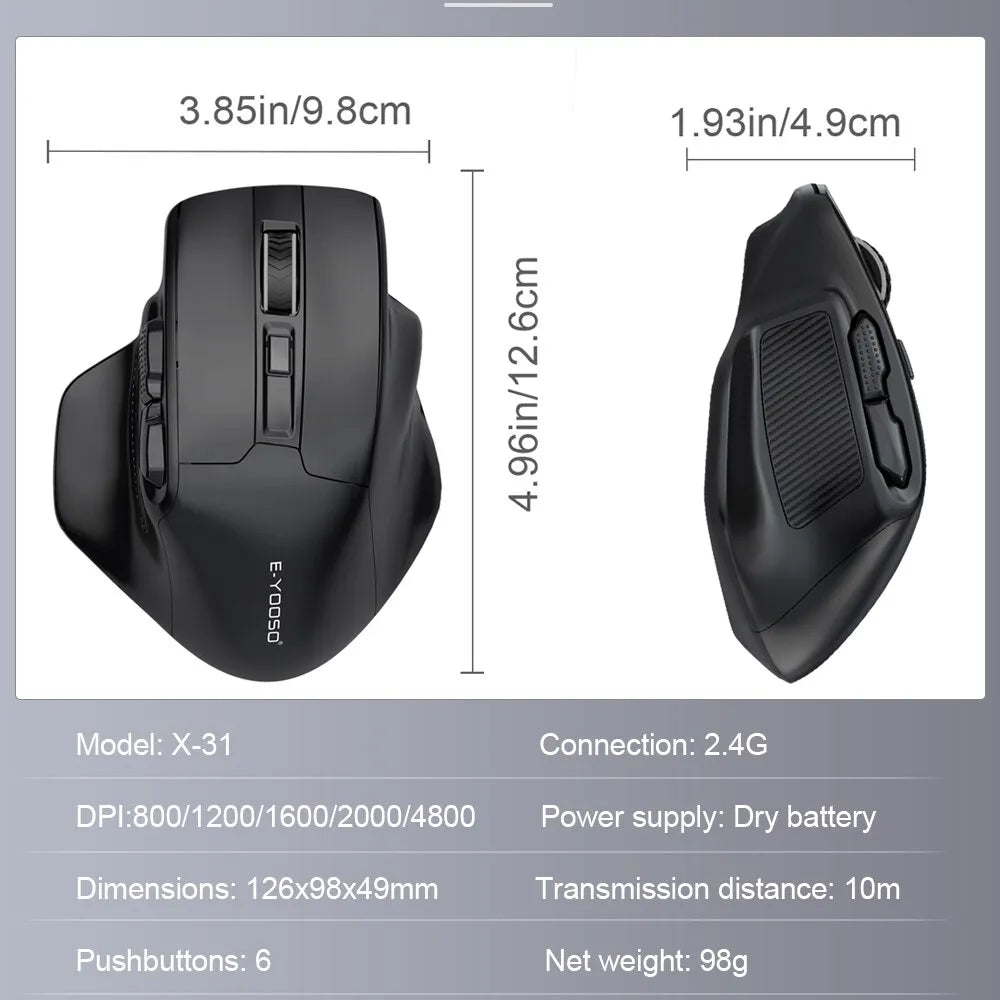 Ratón Inalámbrico para Juegos X-31: Periférico Grande con USB 2.4G, PAW3212 4800 DPI, 5 Botones para Ordenador Portátil y PC - La zona Apple