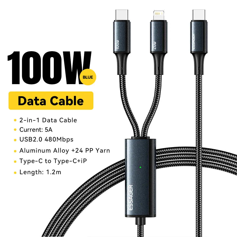 Cable de carga rápida  USB tipo C de 100W,  2 en 1 para Macbook, iPhone, Samsung, Xiaomi alidrosip
