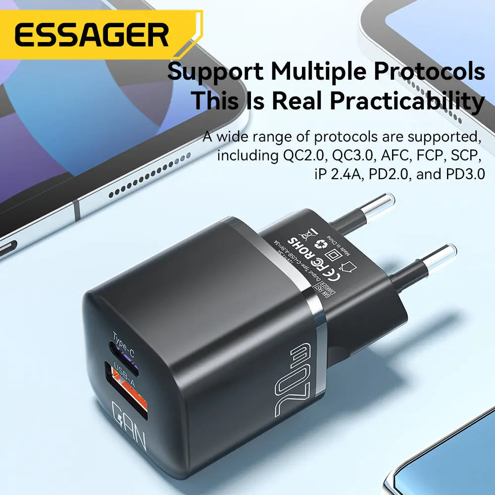 Essager-cargador USB tipo C GaN de 20W,  QC 3,0, para iPhone 14, 13, 12, 11 Pro Max, Mini iPad alidrosip