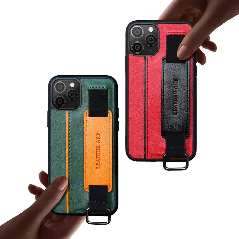 Funda de cuero PU con cordón de sujeción  iPhone 15, 14, 13, 12 Mini, 11 Pro Max, XS, XR, 8, 7, 6S Plus - La zona Apple