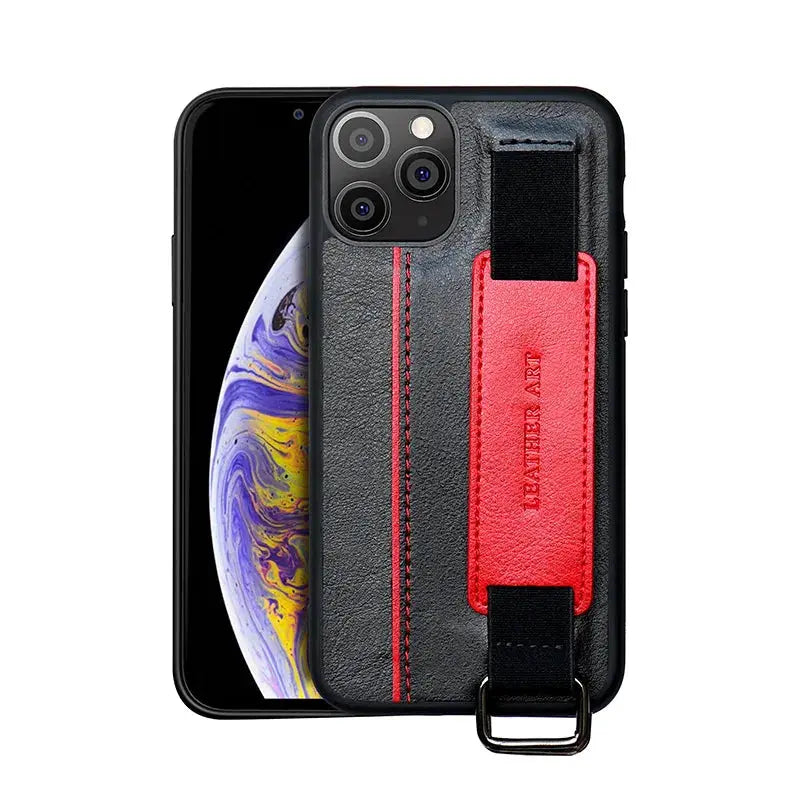 Funda de cuero PU con cordón de sujeción  iPhone 15, 14, 13, 12 Mini, 11 Pro Max, XS, XR, 8, 7, 6S Plus - La zona Apple