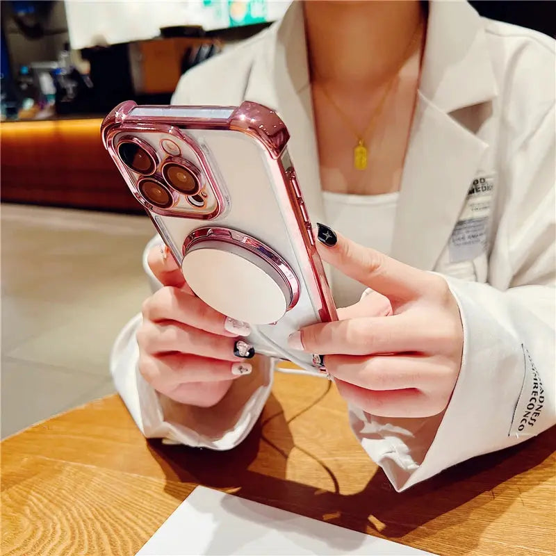 Funda de teléfono con soporte magnético Magsafe, Marco chapado de lujo para iPhone 15 Pro Max, 11, 12, 13, 14, 15Plus, cubierta protectora de lente - La zona Apple