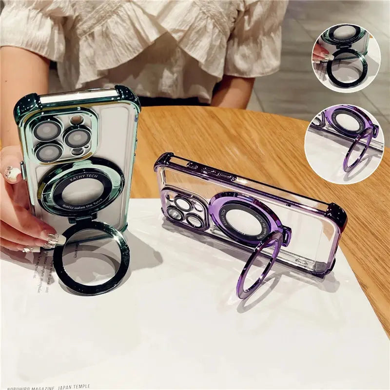 Funda de teléfono con soporte magnético Magsafe, Marco chapado de lujo para iPhone 15 Pro Max, 11, 12, 13, 14, 15Plus, cubierta protectora de lente - La zona Apple