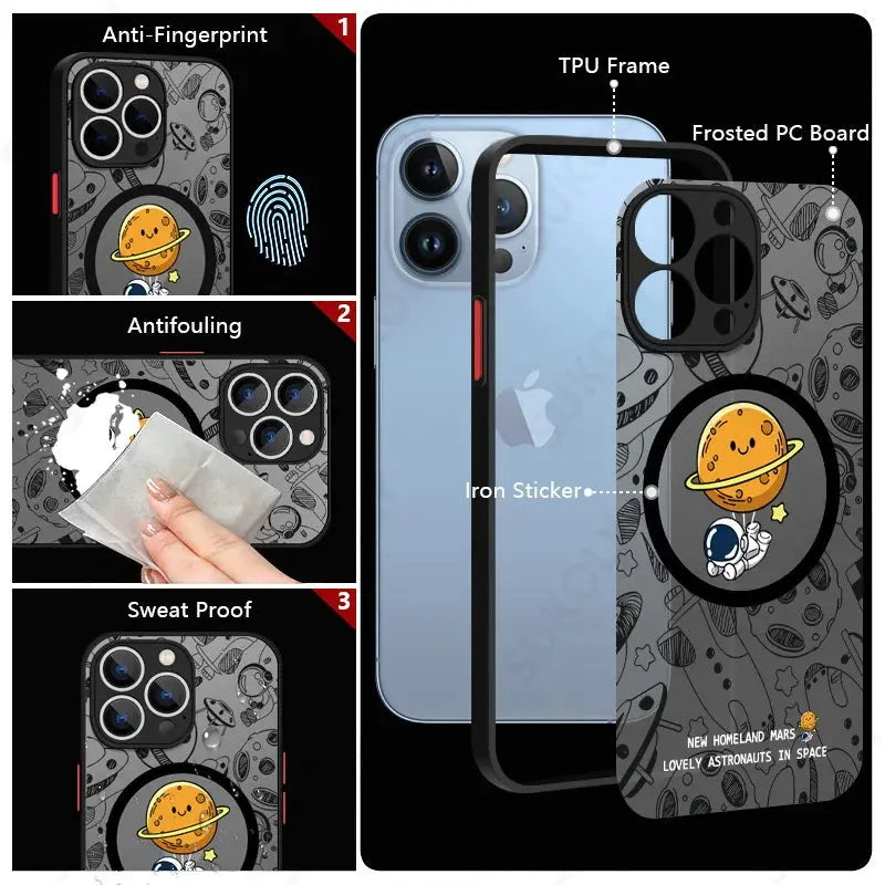 Funda de teléfono de carga inalámbrica Magsafe, cubierta dura acrílica mate, astronauta lindo, iPhone 15, 14 Pro Max, 13, 12 Pro, 11, 7, 8, SE - La zona Apple