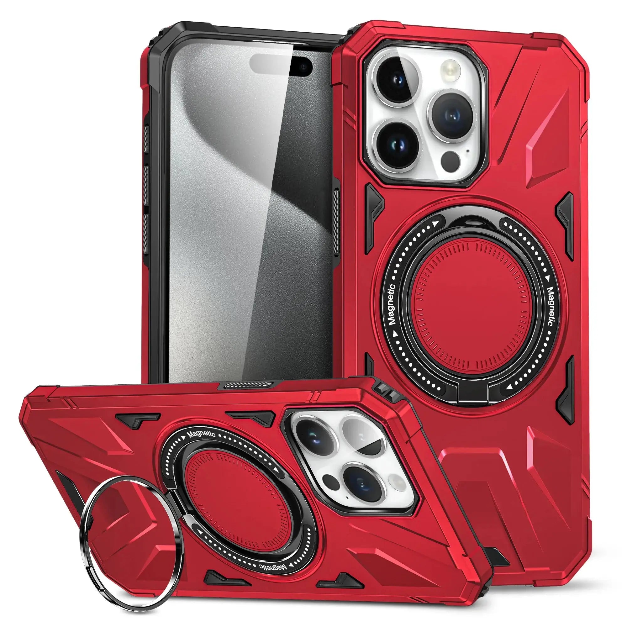 Funda de Teléfono de Plástico Magnético con Soporte Giratorio de Anillo para iPhone 15, 14 Plus, 13, 12, 11 Pro Max - Carcasa Dura de Prevención de Caídas - La zona Apple