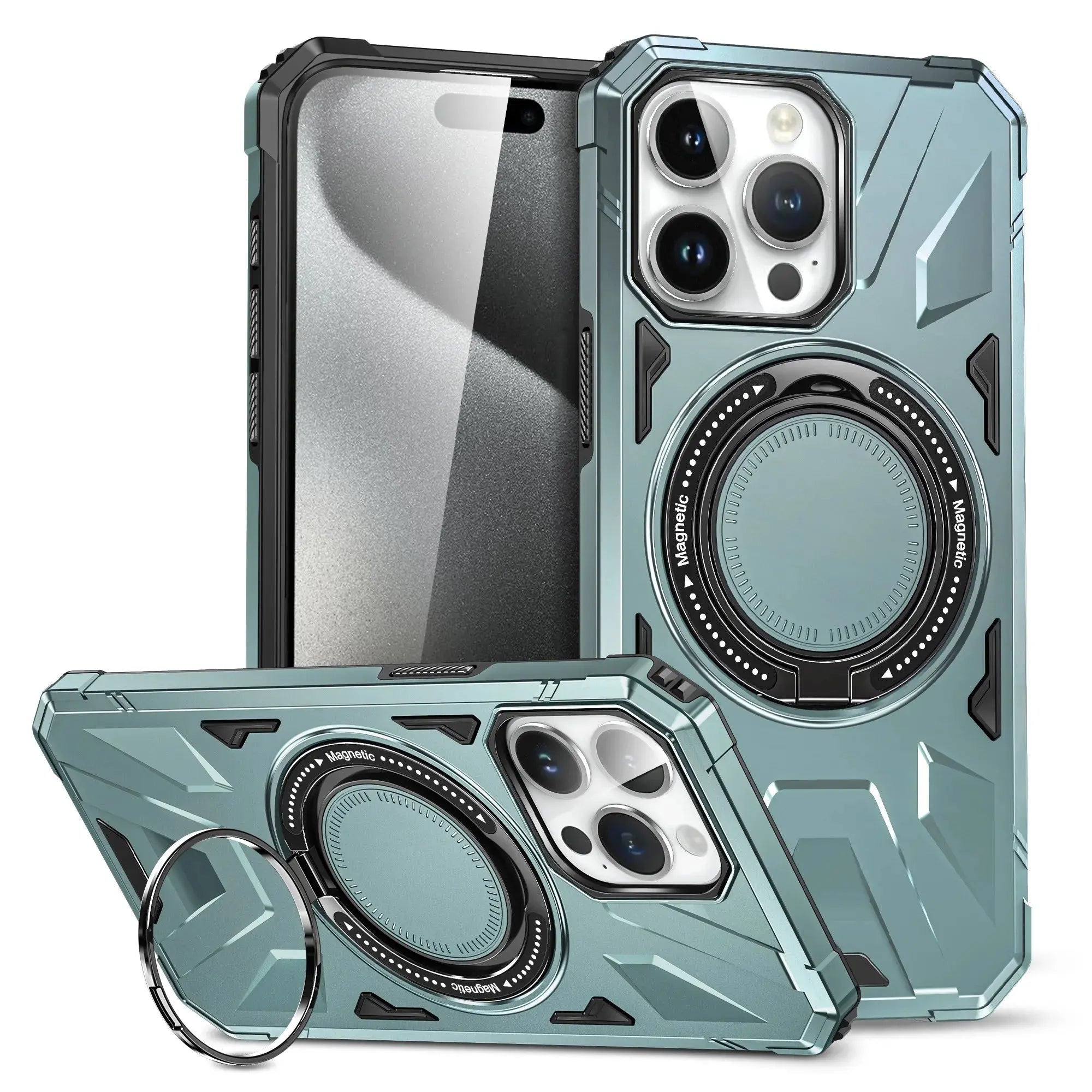 Funda de Teléfono de Plástico Magnético con Soporte Giratorio de Anillo para iPhone 15, 14 Plus, 13, 12, 11 Pro Max - Carcasa Dura de Prevención de Caídas - La zona Apple
