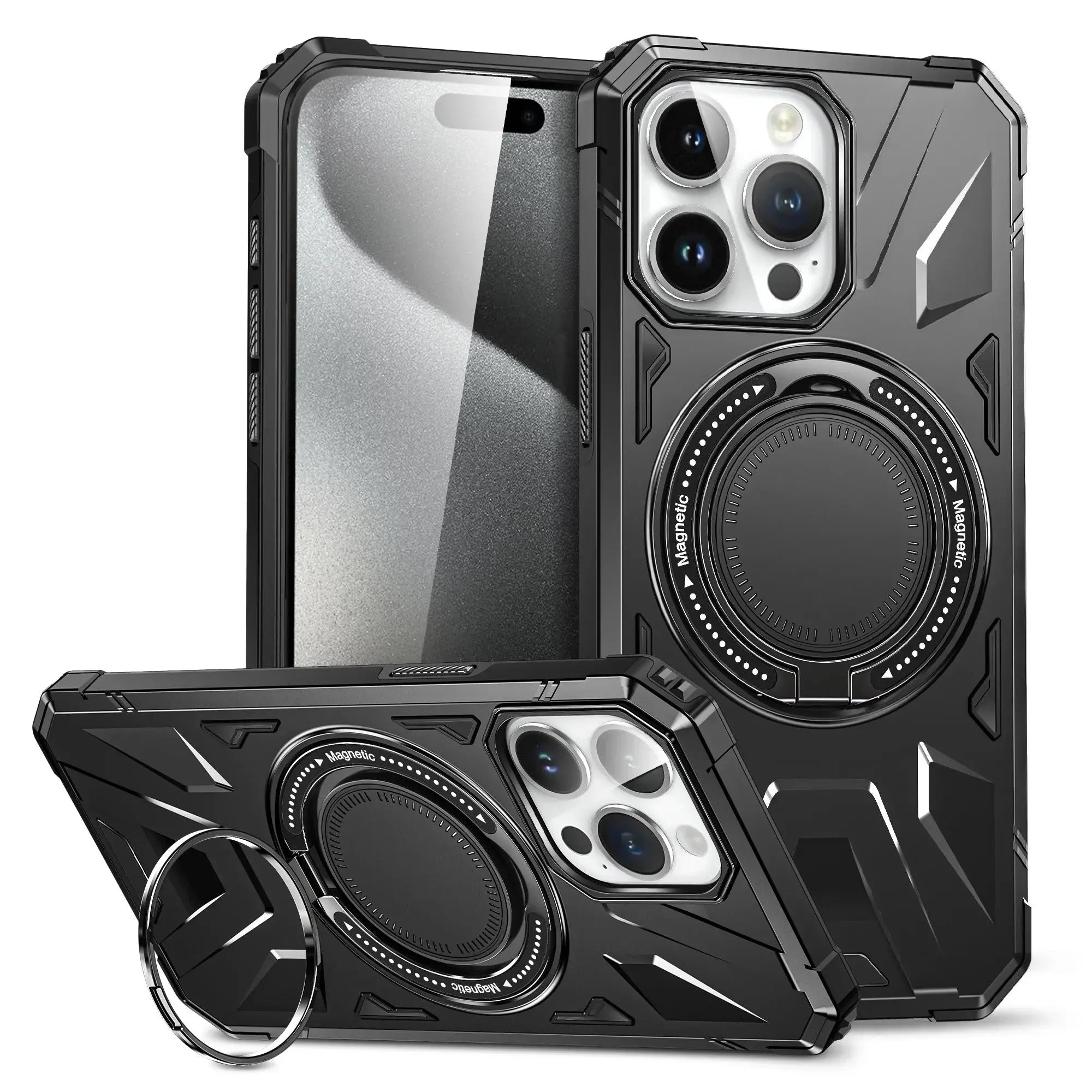 Funda de Teléfono de Plástico Magnético con Soporte Giratorio de Anillo para iPhone 15, 14 Plus, 13, 12, 11 Pro Max - Carcasa Dura de Prevención de Caídas - La zona Apple